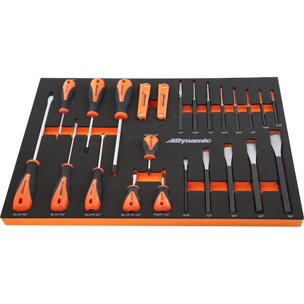 25Pcs Screwdriver, Hex Key, Punch & Chisel Set W/ Foam Tool Organizer